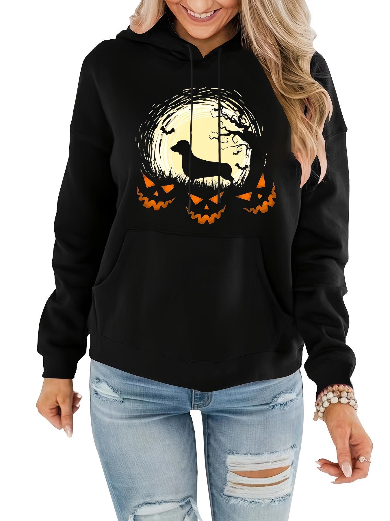 Women's Graphic Hoodie Full Moon With Spooky Pumpkins And Silhouette Dog Under Branches