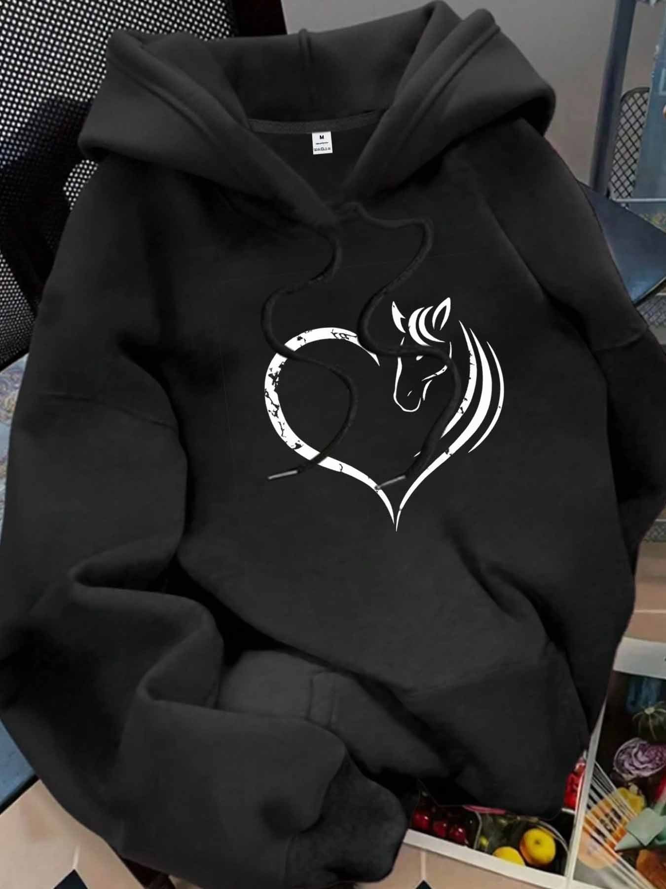 Women's Graphic Hoodie Minimalist Heart Shape With Flowing Elegant Lines And Delicate Outline Horse
