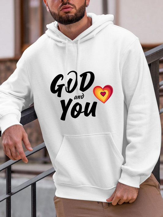 Men's Graphic Hoodie God And You With Red And Yellow Heart Motif Hoodie