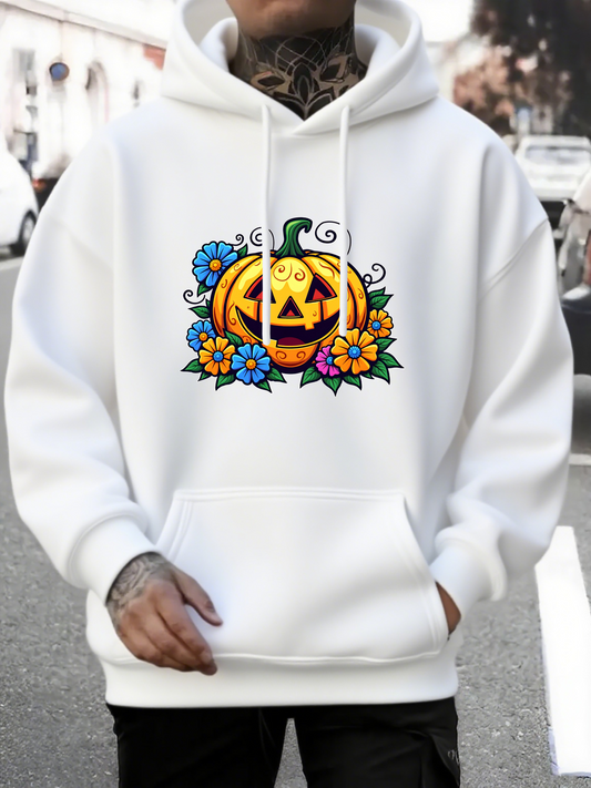 Men's Graphic Hoodie Colorful Autumn Flowers With Smiling Carved Pumpkin Surrounded By Leaves Pumpkin
