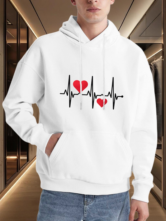 Men's Graphic Hoodie Heartbeat Pulse With Red Broken Hearts Surrounded By White Silence Hoodie