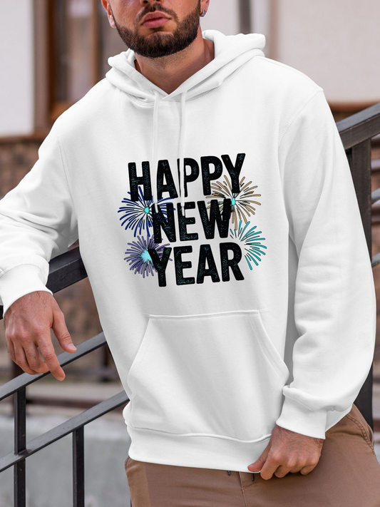 Men's Graphic Hoodie Happy New Year With Sparkling Fireworks Around Bold Letters Hoodie