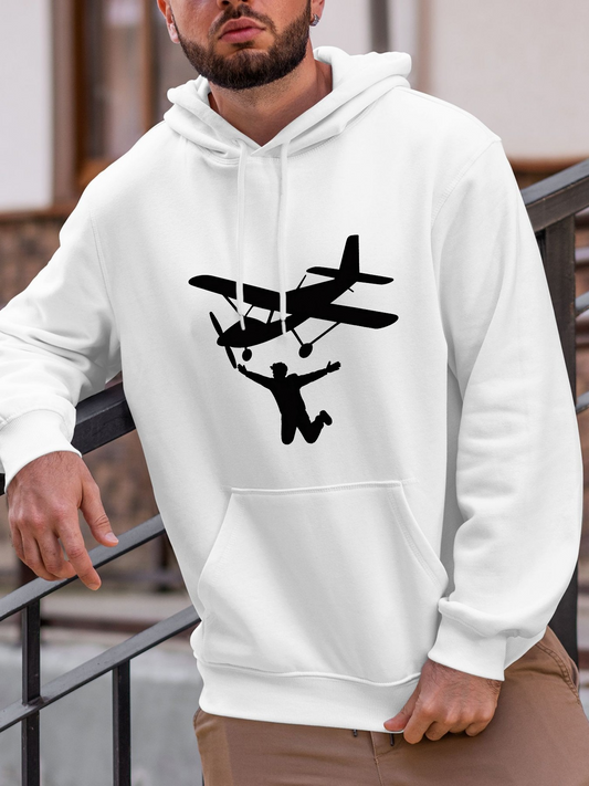 Men's Graphic Hoodie Silhouetted Figure Parachuting Under Bold Vintage Style Propeller Airplane