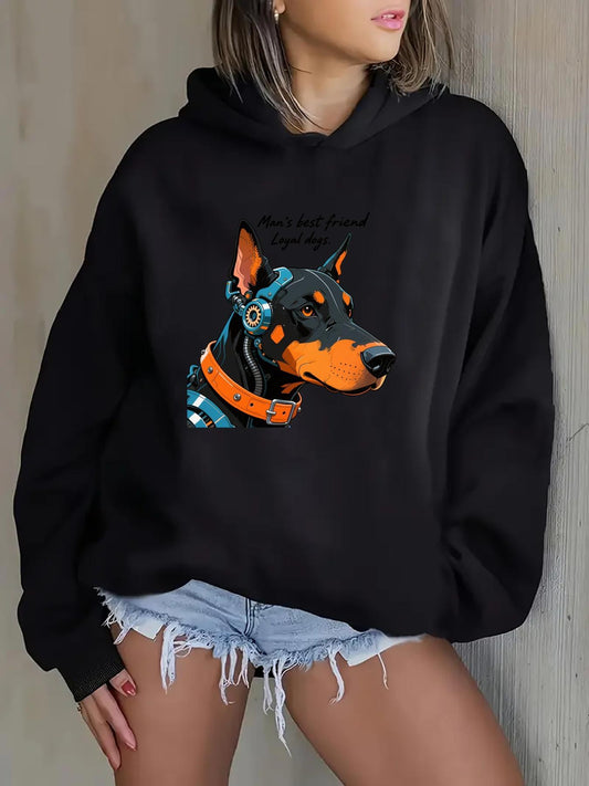 Women's Graphic Hoodie Cybernetic Collar Glow Among Futuristic Metallic Shadows Doberman