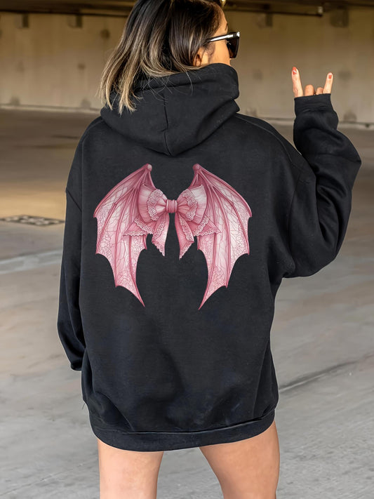 Women's Graphic Hoodie Gothic Pink Wings Bow On Dark Shadowy Hoodie