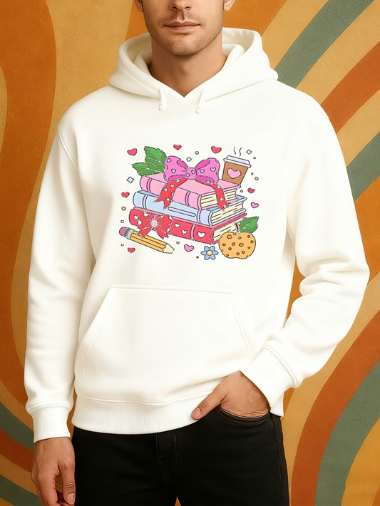 Men's Graphic Hoodie Sweet Relaxing Moments With Colorful Dessert Stack Surrounded By Hearts