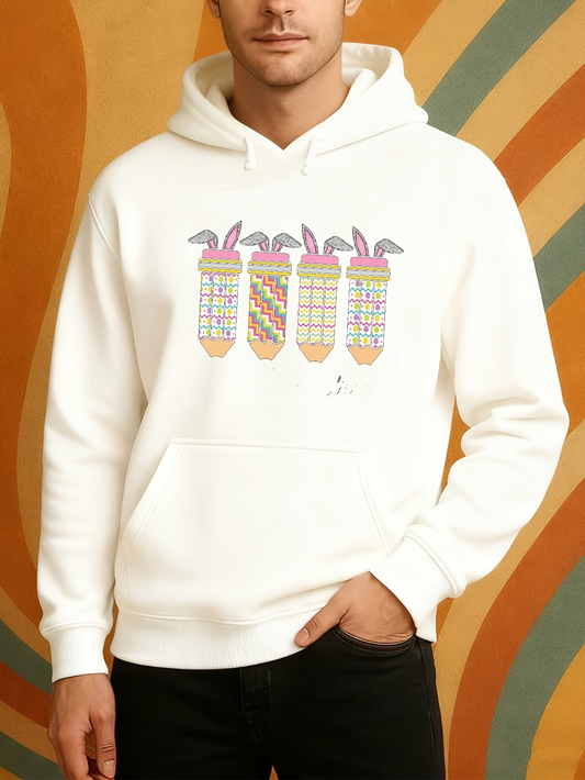Men's Graphic Hoodie Colorful Pastel Patterns With Bunny Ears And Chevron Prints Pencil