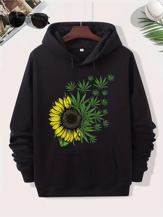 Men's Graphic Hoodie Blooming Sunflower With Lush Green Leaves Spread On Black Hoodie