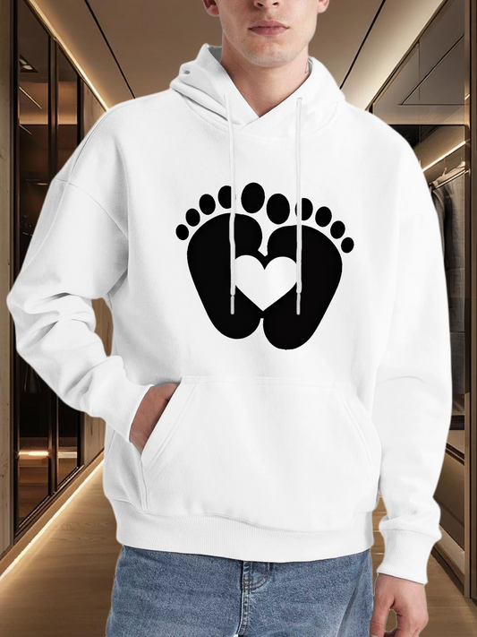 Men's Graphic Hoodie Two Black Footprints With Heart Shaped Center Embracing White Hoodie