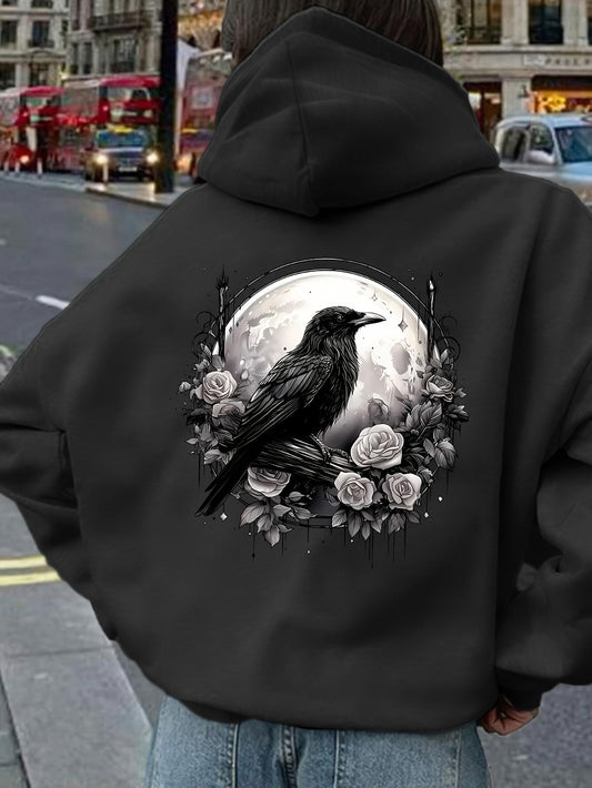Women's Graphic Hoodie Full Moon Shining Above Roses With Mystical Feathers Surrounding A Majestic Crow