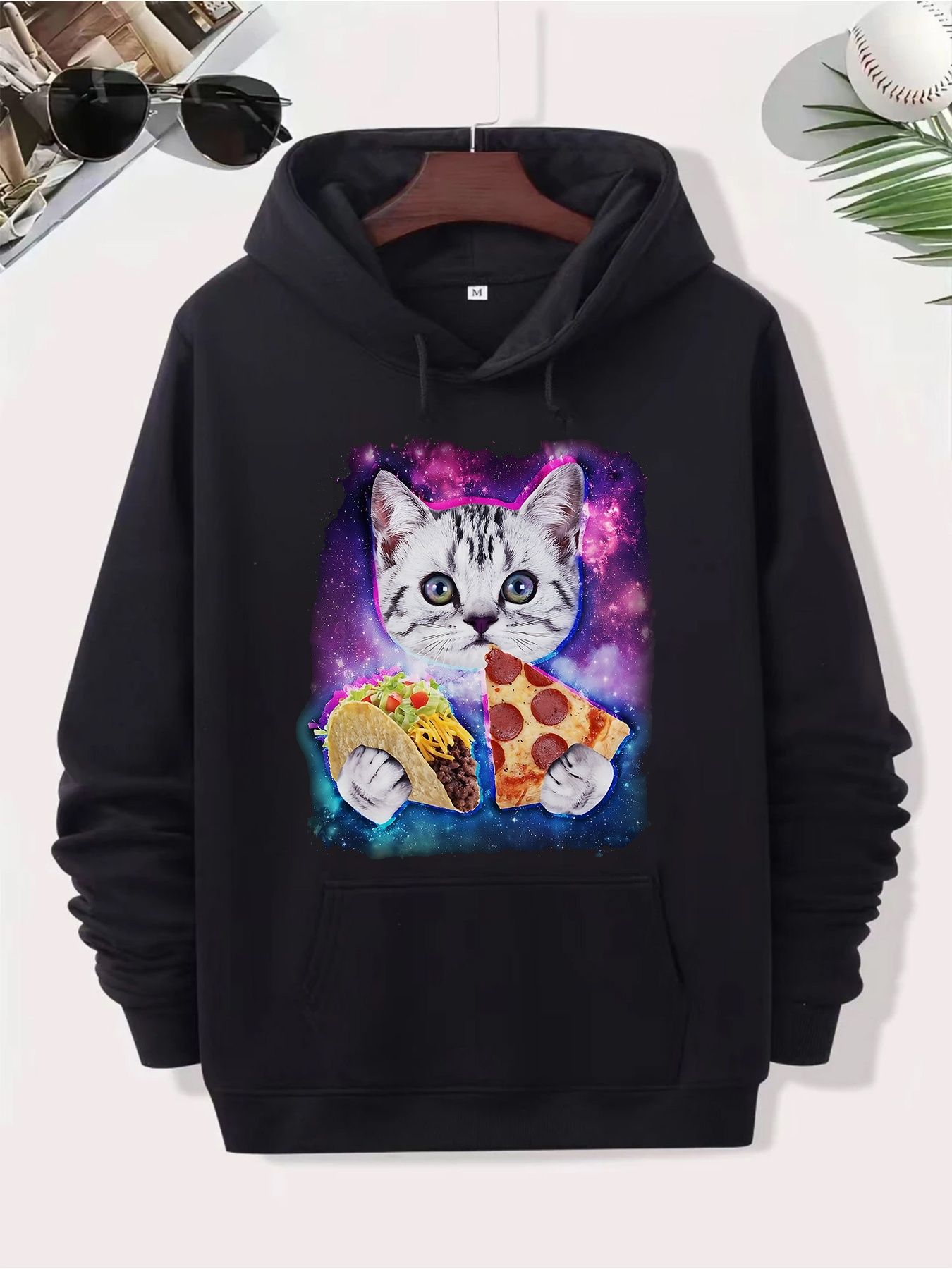 Men's Graphic Hoodie Galactic Neon Glow Cat Holding Pizza And Taco