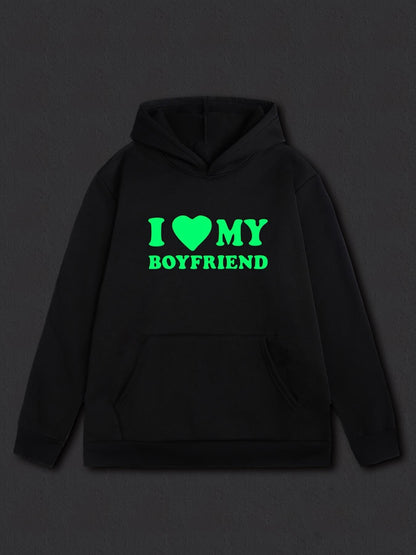 Women's Graphic Hoodie I Love My Boyfriend Neon Green Romantic Text Hoodie