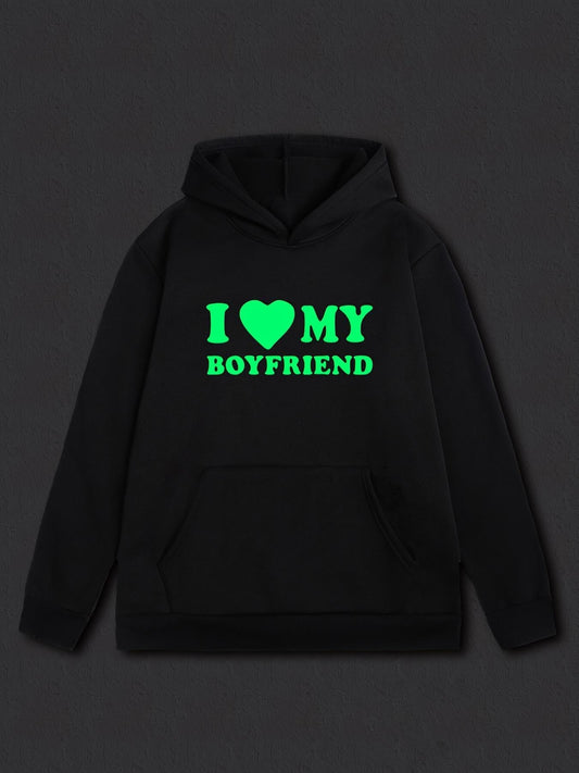 Women's Graphic Hoodie I Love My Boyfriend Neon Green Romantic Text Hoodie