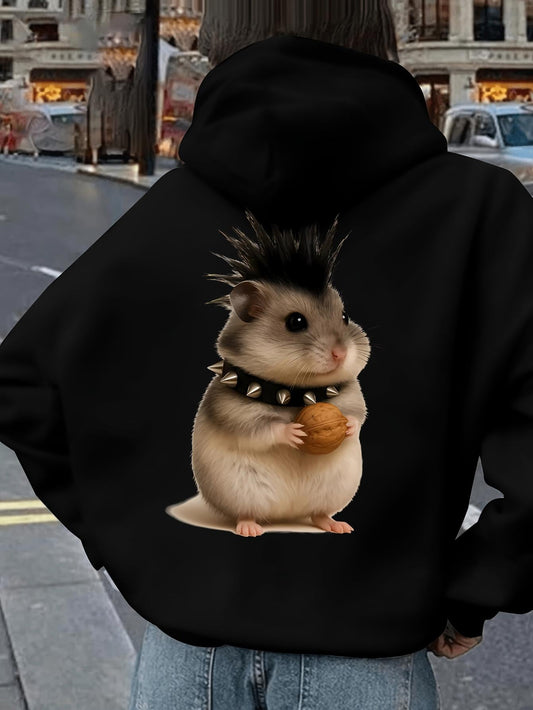 Women's Graphic Hoodie Cute Punk Rodent With Spiked Collar Sitting On Street Hamster