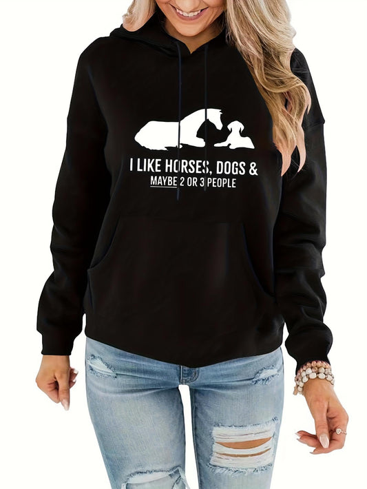 Women's Graphic Hoodie I Like Horses Dogs And People Silhouette Graphic With Large White Animals Hoodie