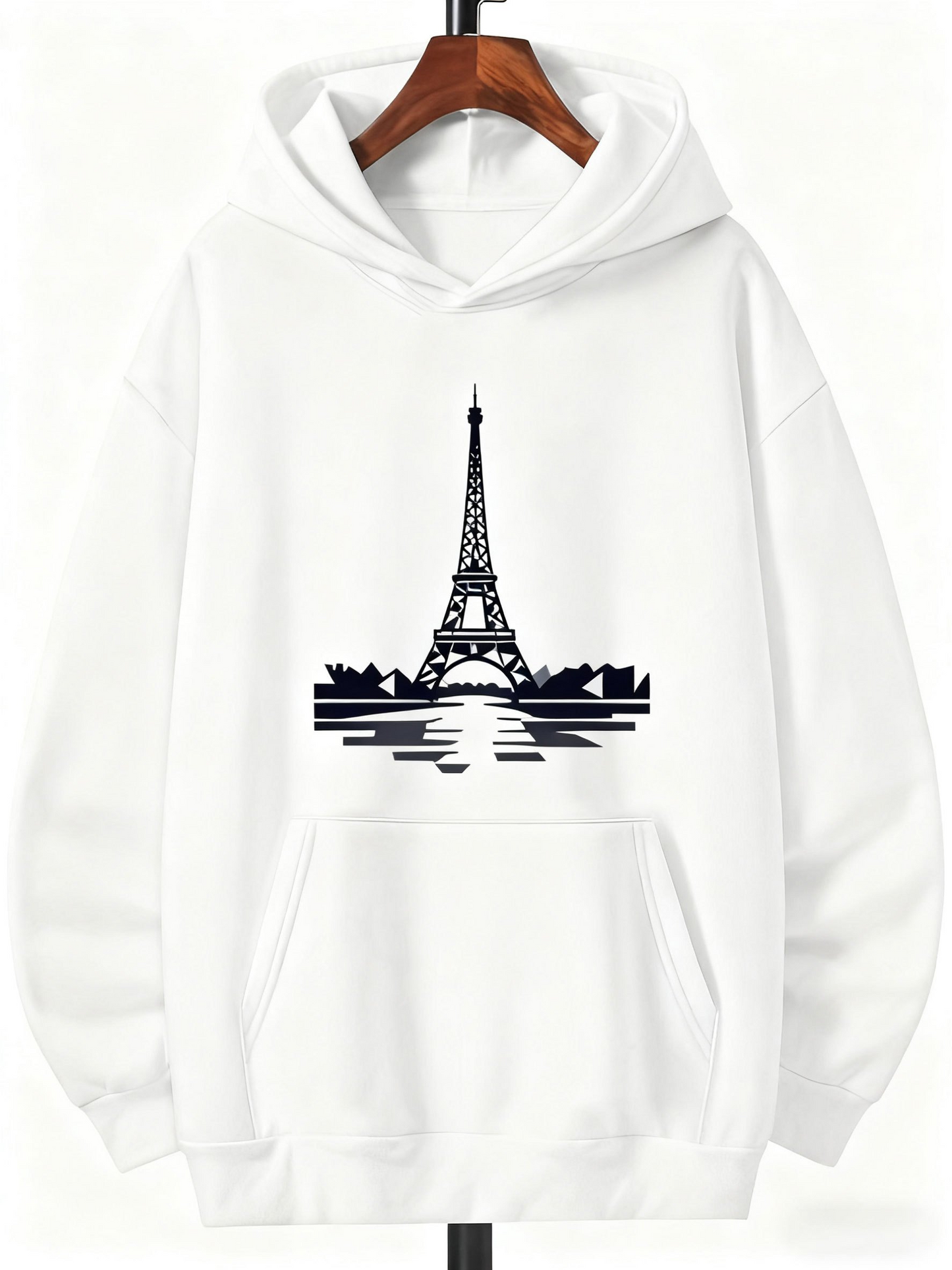 Men's Graphic Hoodie Reflective City Skyline Under Moonlit Calm Water Eiffel Tower