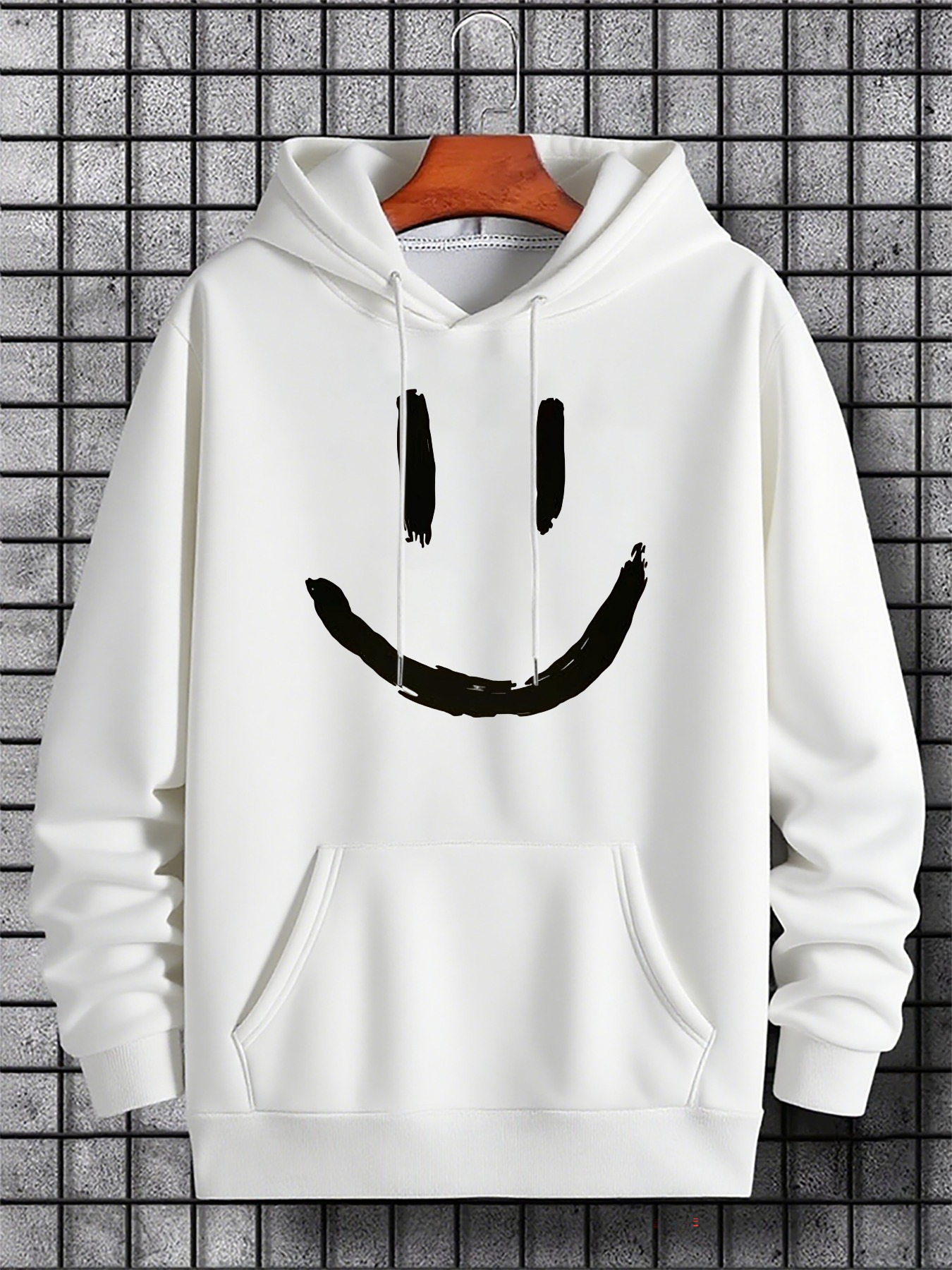 Men's Graphic Hoodie Bold Brushstroke Smiling Face On Minimalist White Hoodie