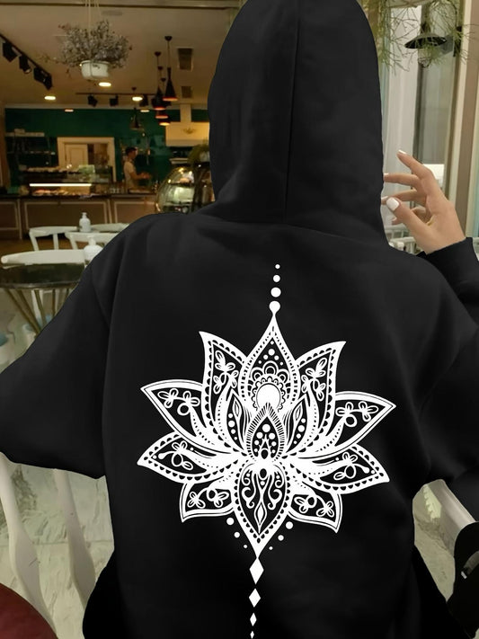 Women's Graphic Hoodie Intricate Dot Pattern With Delicate Lines Surrounding A Mandala Lotus Flower
