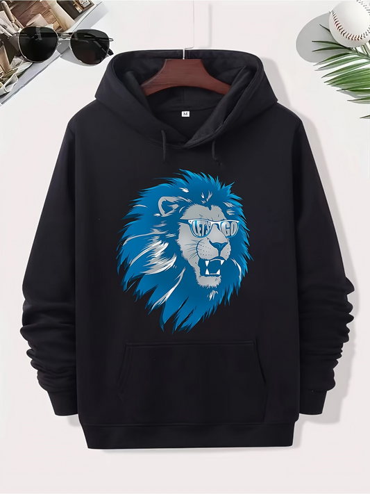 Men's Graphic Hoodie Blue Mane Growling Lion Head Center Hoodie