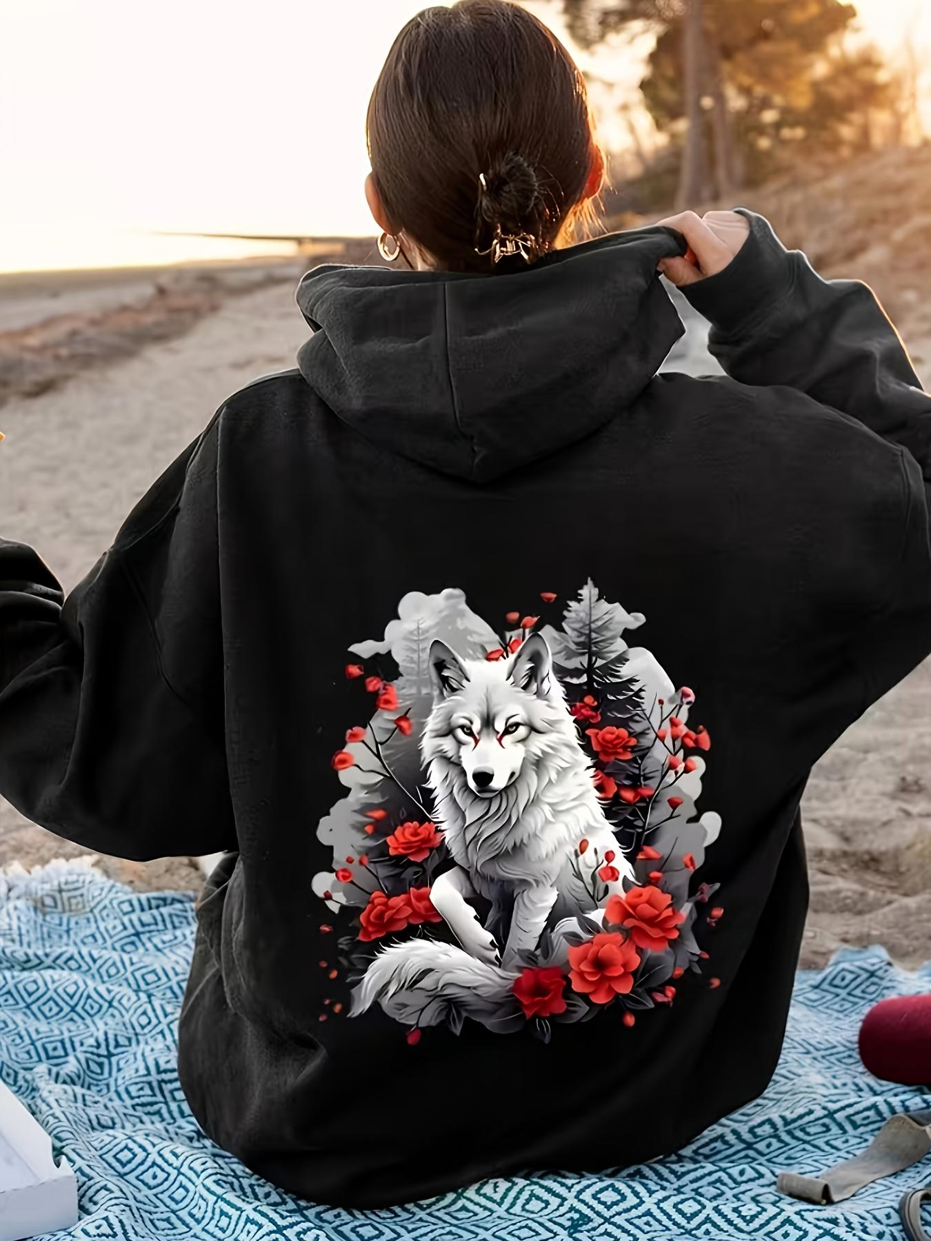 Women's Graphic Hoodie Wild Wolf Surrounded By Red Blossoms And Misty Pine Trees Wolf
