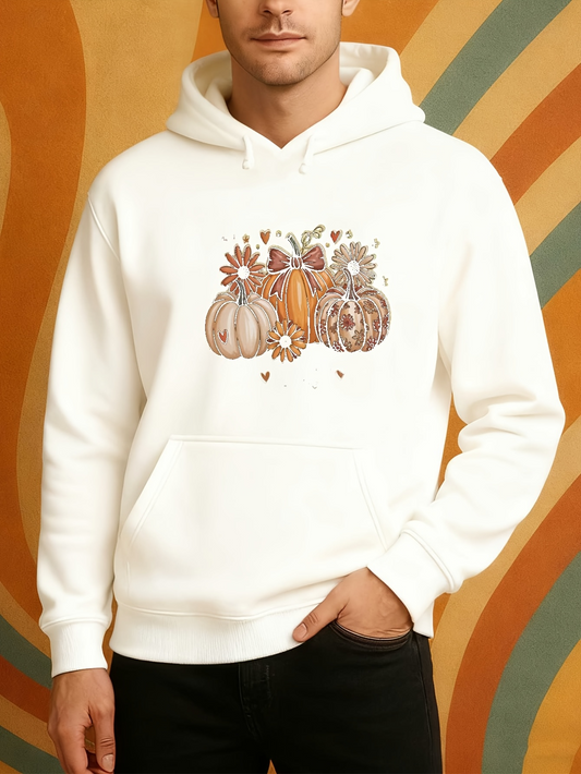 Men's Graphic Hoodie Autumn Harvest With Sunflowers Butterflies And Pumpkins Among Falling Leaves Pumpkin