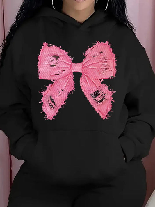 Women's Graphic Hoodie Distressed Pink Fabric Bow Centered On Plain Black Hoodie