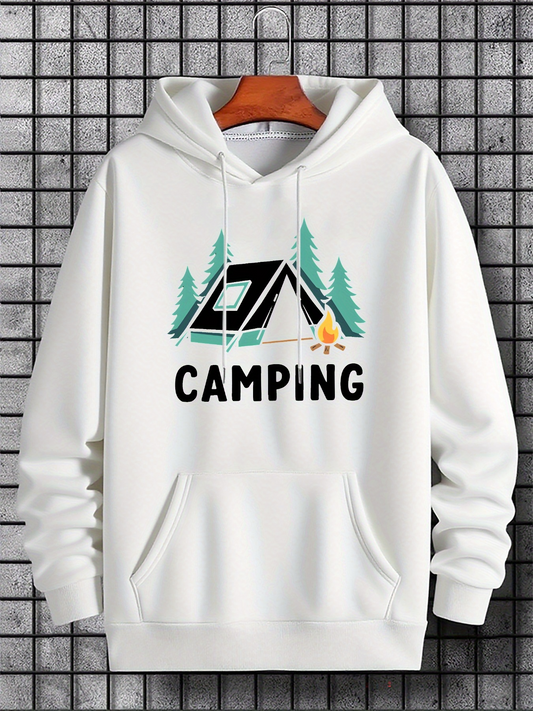 Men's Graphic Hoodie Camping In Pine Forest Beside Fire Under Moonlight Tent