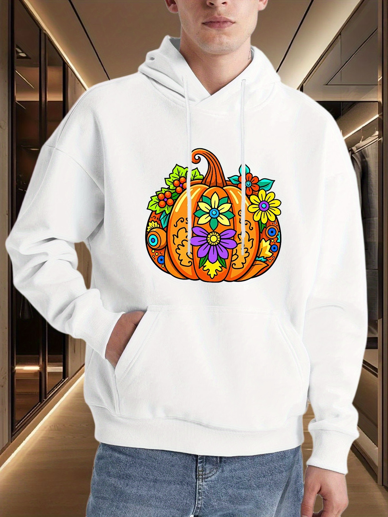 Men's Graphic Hoodie Vibrant Autumn Leaves And Colorful Floral Pattern Pumpkin