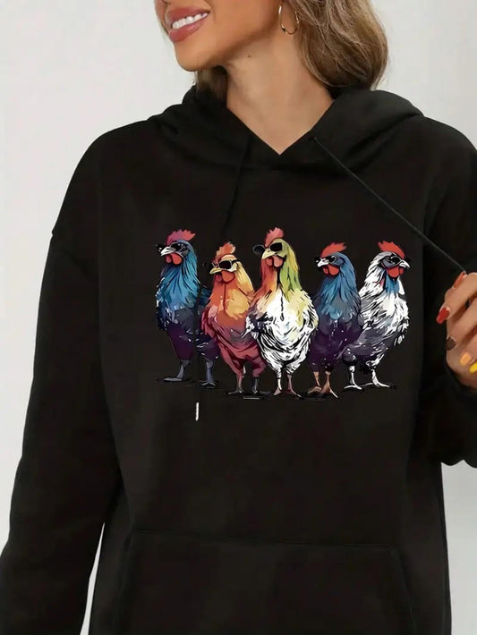 Women's Graphic Hoodie Vibrant Colorful Standing Chickens Among Soft Black Fabric Hoodie