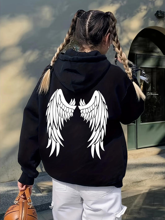 Women's Graphic Hoodie White Graphic Angel Wings Backdrop On Urban Black Hoodie