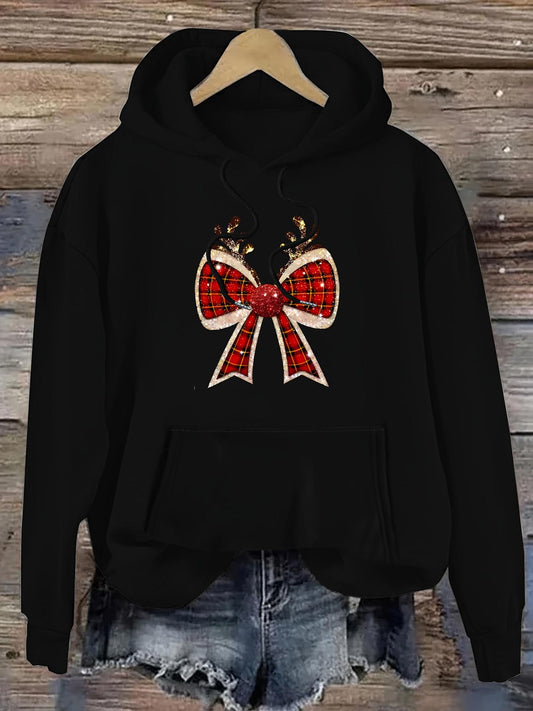 Women's Graphic Hoodie Plaid Patterned Bow With Golden Antlers On Black Hooded Sweatshirt