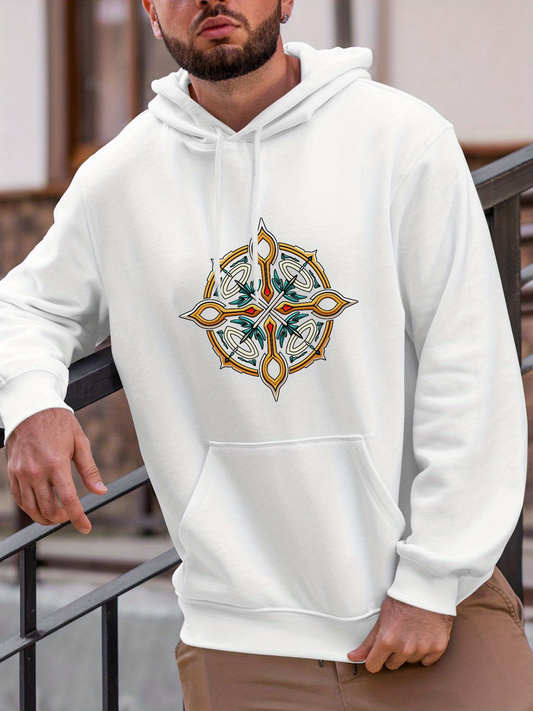 Men's Graphic Hoodie Golden Lattice Star Motif With Blue Green Florals And Leaf Pattern Emblem