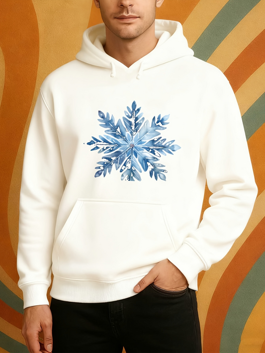 Men's Graphic Hoodie Delicate Watercolor Blue Winter Ice Pattern Snowflake