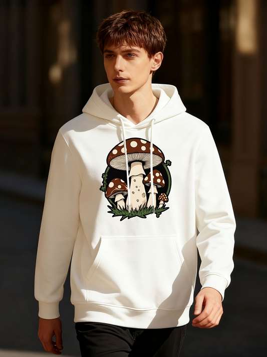 Men's Graphic Hoodie Enchanted Woodland With Mossy Grass And Spotted Mushroom Cat