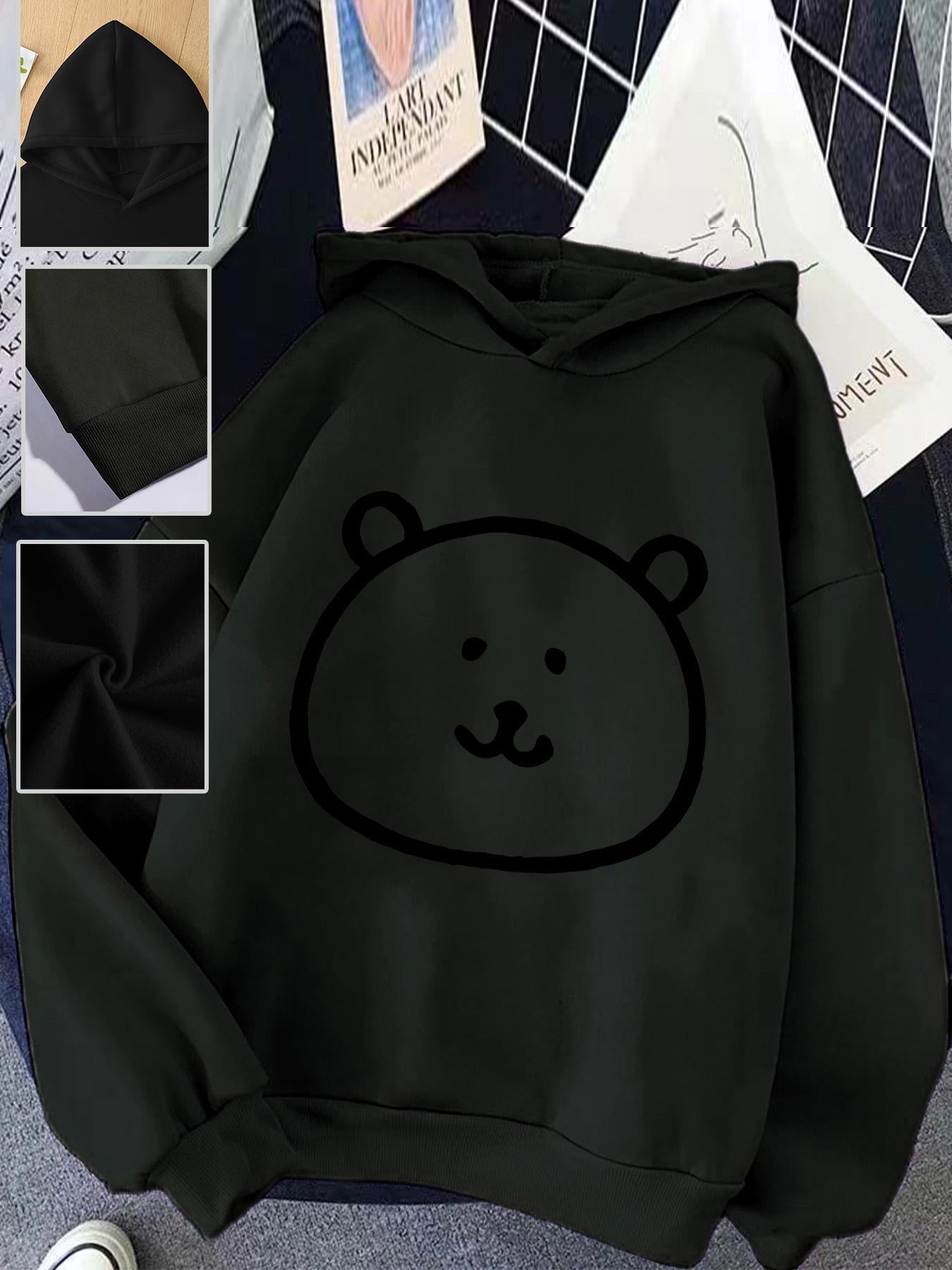 Women's Graphic Hoodie Simple Smiling Bear Face With Soft Edges Black Hoodie