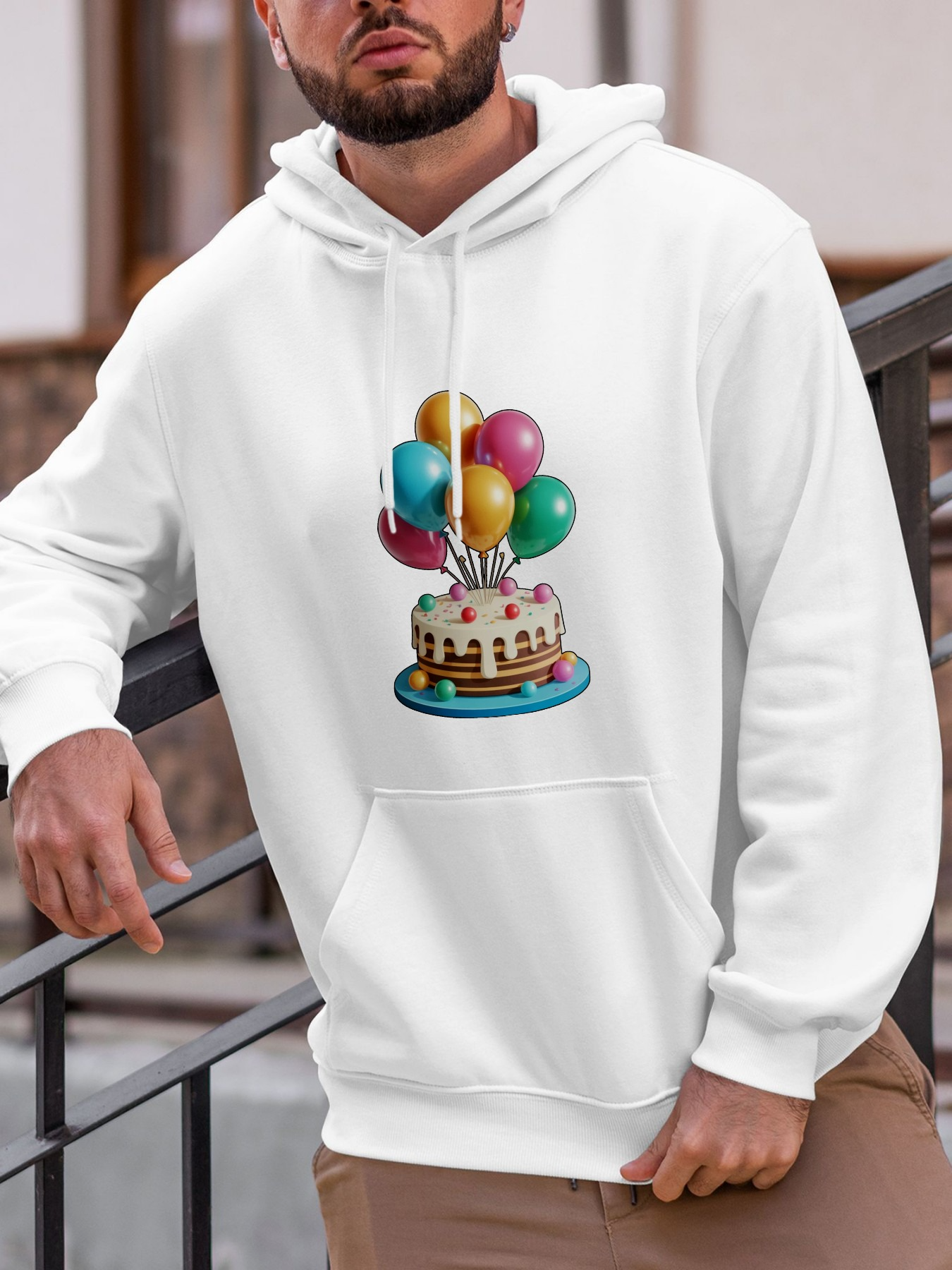 Men's Graphic Hoodie Colorful Birthday Candles With Balloons On Frosted Cake