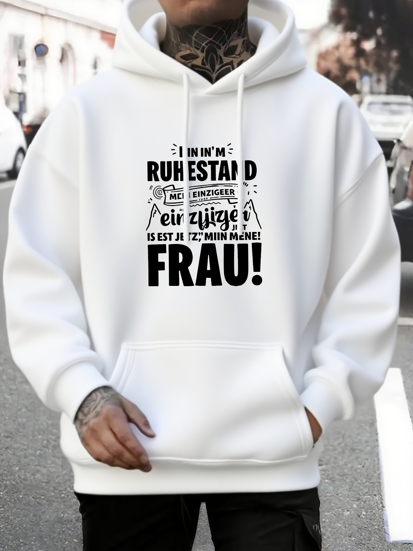 Men's Graphic Hoodie German text "Frau!" and geometric patterns
