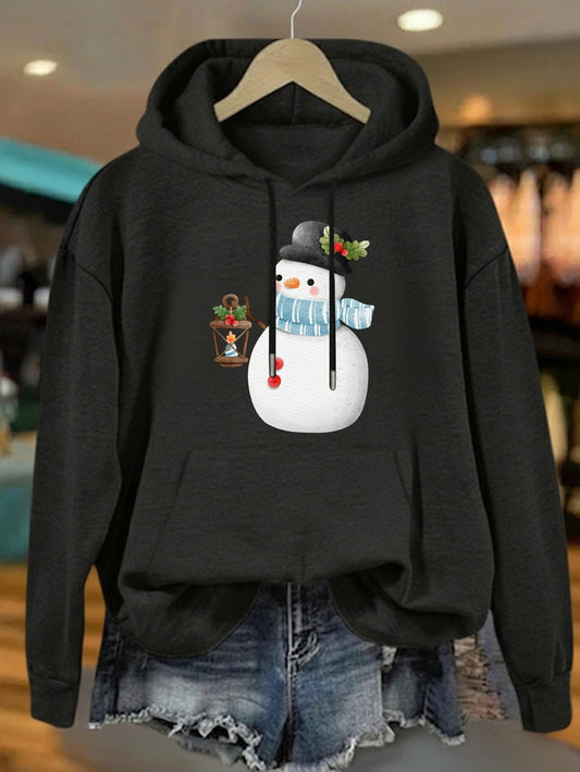 Women's Graphic Hoodie Festive Winter With Lantern Hat Snowman Holding A Lantern