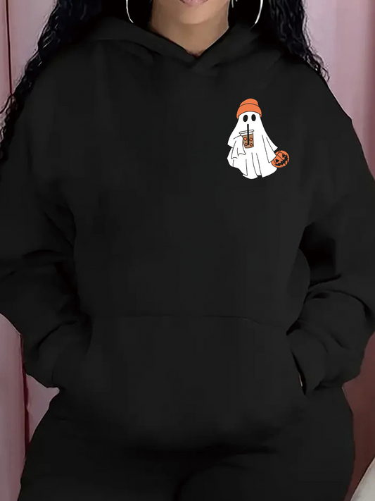 Women's Graphic Hoodie Cute Halloween Ghost With Coffee And Pumpkin Small Patch Ghost