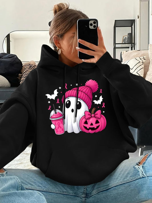 Women's Graphic Hoodie Whimsical Pink Beanie Bat And Pumpkin With Cute Ghost