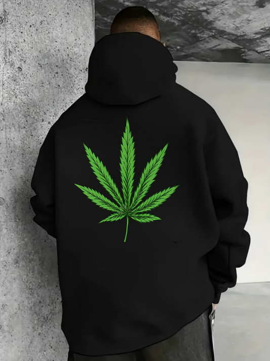 Men's Graphic Hoodie Bold Graphic Of Lush Green Leaves On Black Hoodie Cannabis Leaf