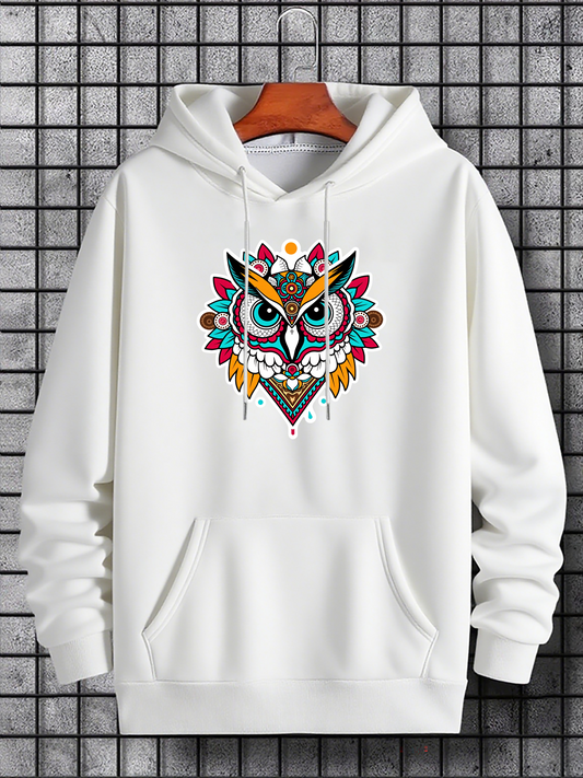 Men's Graphic Hoodie Colorful Tribal Motif With Ornamental Feathers Surrounded By Geometric Patterns Owl