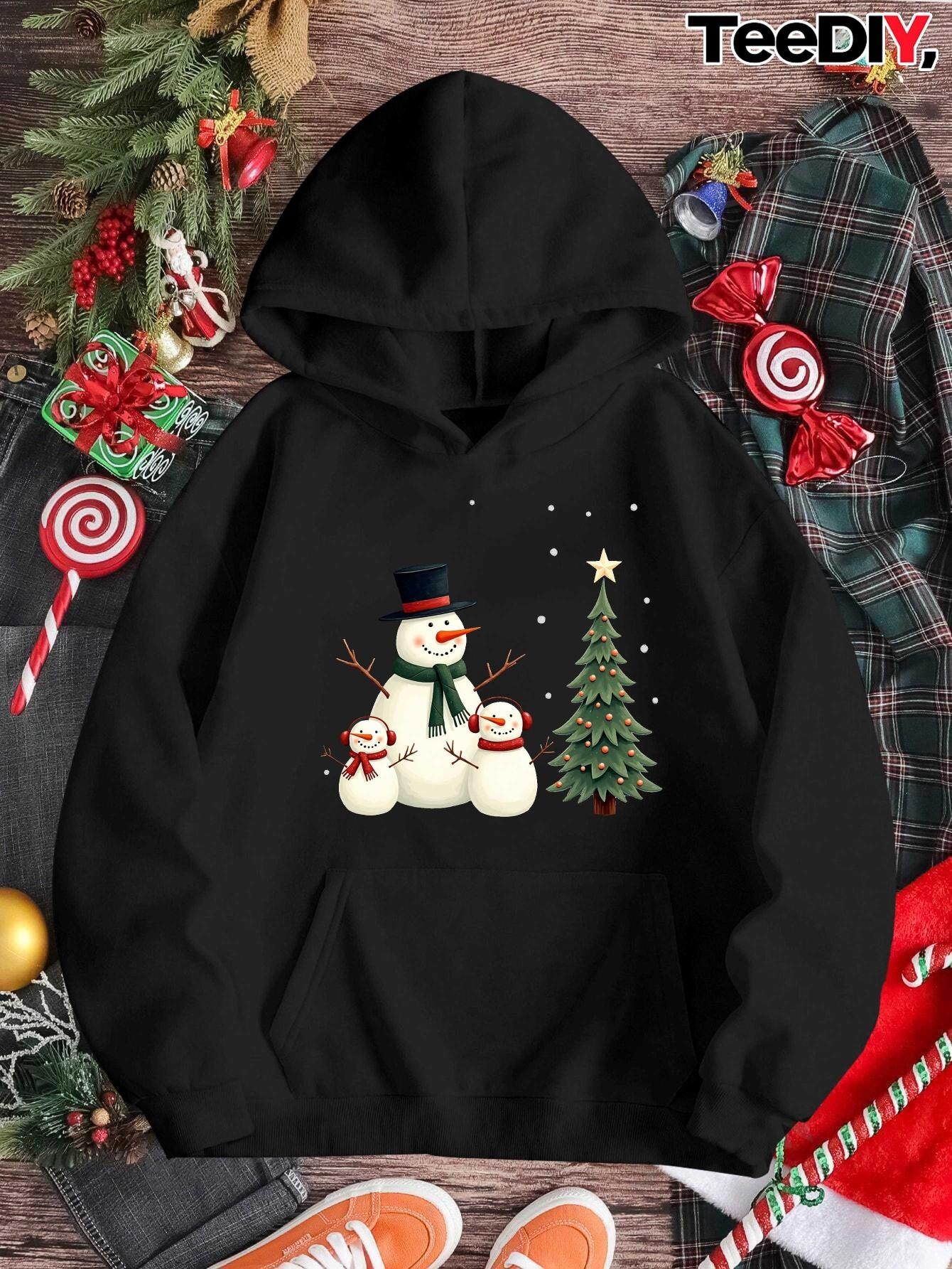 Women's Graphic Hoodie Starry Night With Cheerful Family Of Snowmen Beside Christmas Tree