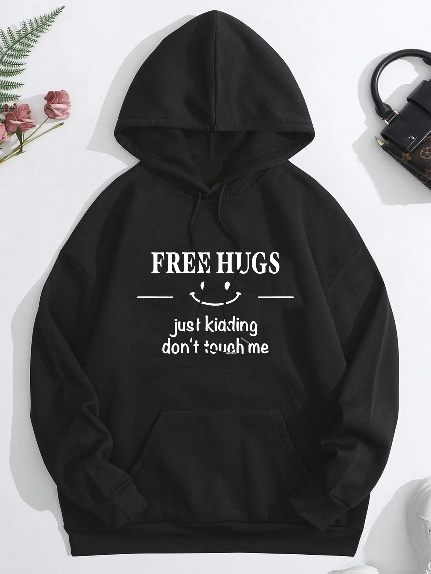 Women's Graphic Hoodie Free Hugs Just Kidding Dont Touch Me With Smiling Face Hoodie