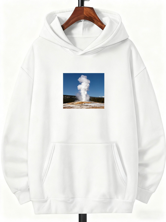 Men's Graphic Hoodie Billowing Steam Rising Skyward Over Yellowstone Geyser Landscape