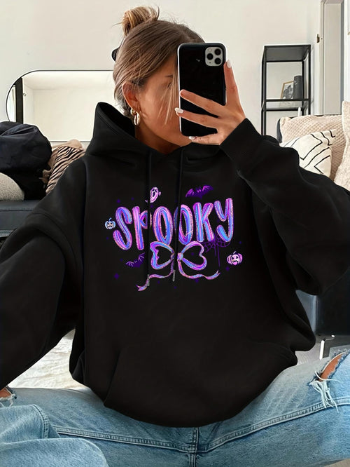 Women's Graphic Hoodie Dripping Purple Graffiti Letters With Bats And Halloween Vibes Spooky