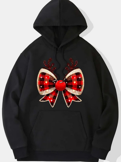 Women's Graphic Hoodie Shining Plaid Ribbon With Red Glitter Accents Bow