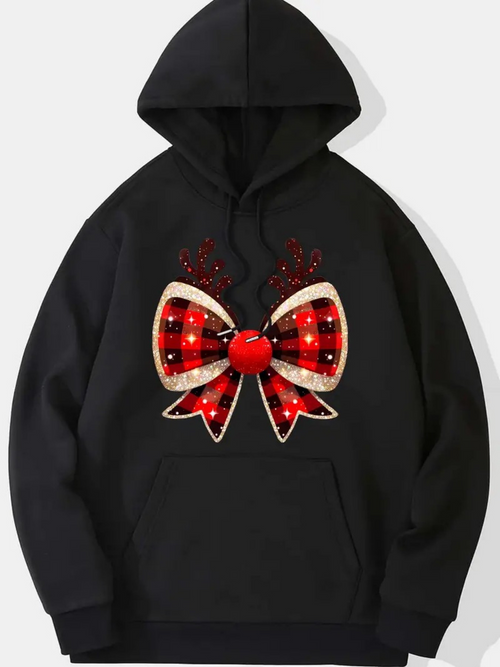 Women's Graphic Hoodie Shining Plaid Ribbon With Red Glitter Accents Bow
