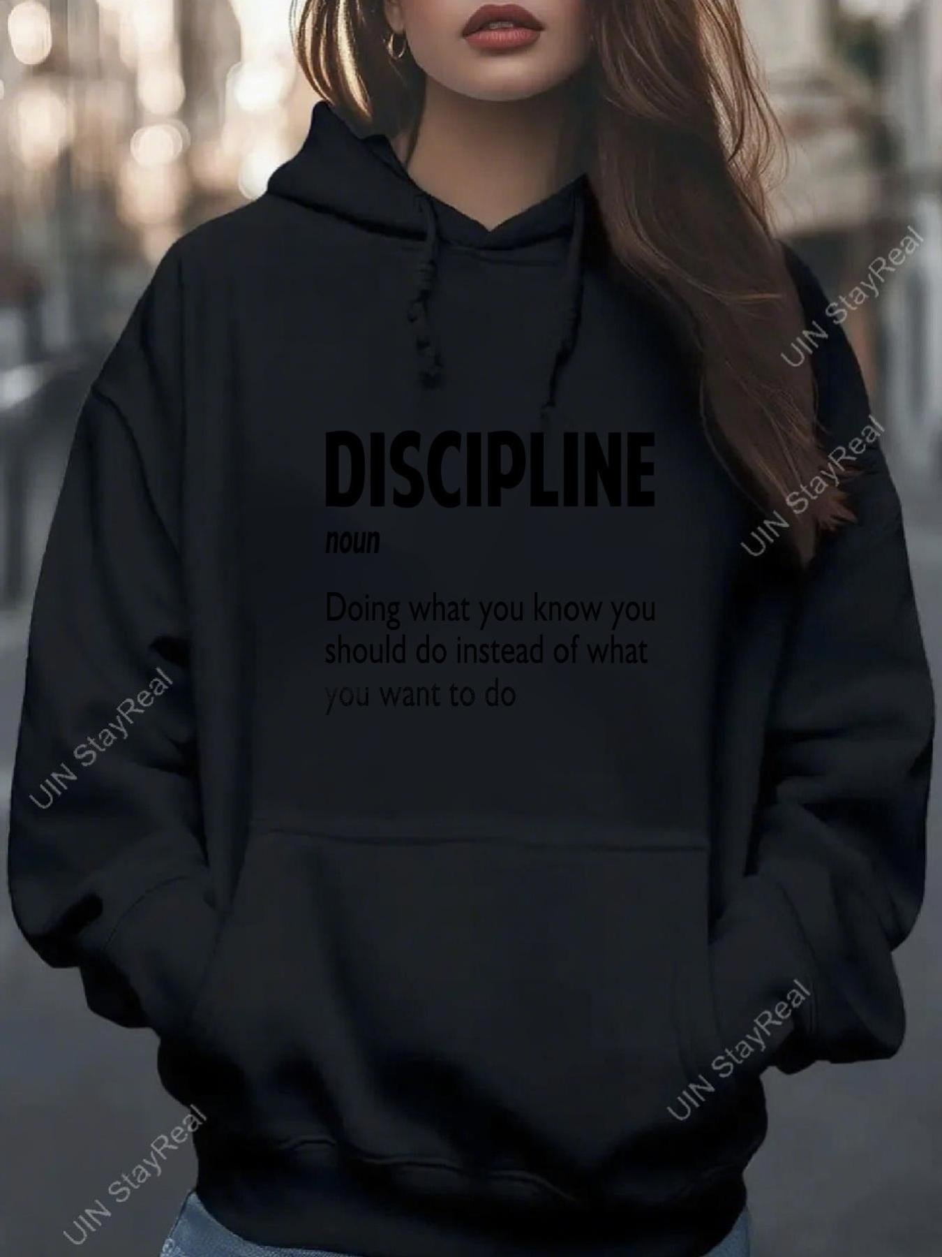 Women's Graphic Hoodie Discipline Determination Shown Through Motivational Inspiring Black Text Hoodie