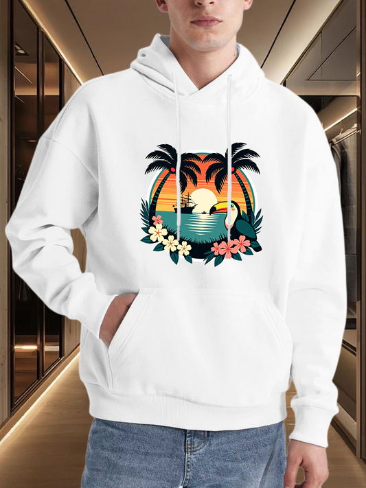Men's Graphic Hoodie Colorful Sunset With Ocean Reflections Palms And Tropical Flowers Beach Scene